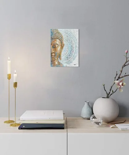 Vista 4 de Lienzo de Buda dorado para la pared: 3D texturizado mandala flor flor Buddha pintura Zen impresión en azul para yoga, meditación, sala de Buda