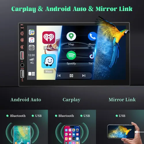 Vista 2 de Estable] Estéreo de coche de doble DIN con Apple CarPlay inalámbrico y Android Auto, receptor de audio de coche con pantalla táctil de 7 pulgadas