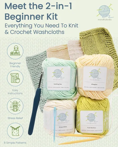 Vista 2 de mindfulknits Kit de Tejer para Principiantes Adultos con Agujas de Tejer, Aguja de Lana e Hilo de Tejer 100% Algodón (4) – Para Hacer Toallitas - Zen