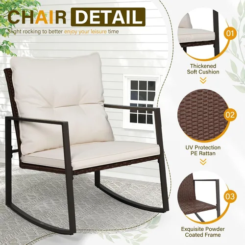 Vista 6 de SUNCROWN - Juego de 3 piezas de muebles de mimbre para exteriores, sillas para el porche, juegos de conversación con mesa de café de cristal