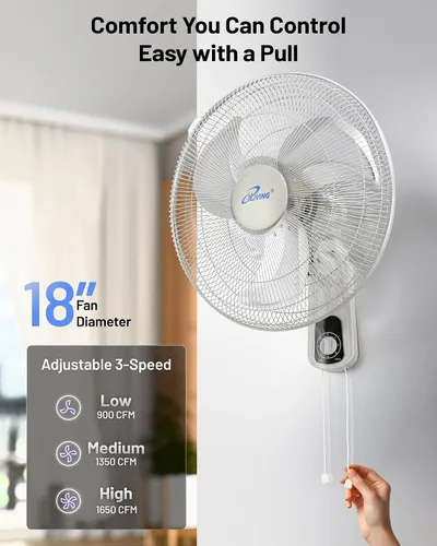 Vista 5 de iLiving Ventilador oscilante de montaje en pared con inclinación ajustable, 18 pulgadas, 3 velocidades, rejilla y hoja de metal, oscilación de 90
