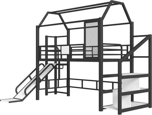 Vista 5 de Bellemave Cama Loft de Metal Tipo Casa Tamaño Twin con Tobogán y Escaleras, Marco de Cama Loft Casa de Juegos de Servicio Pesado con Estantes
