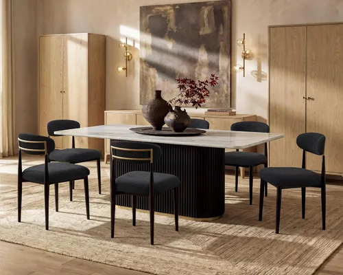 Vista 16 de Juego de mesa de comedor moderno Morden Fort para 4, mesa de cocina de 70" con tapa rectangular de mármol y base estriada negra, 4 sillas tapizadas