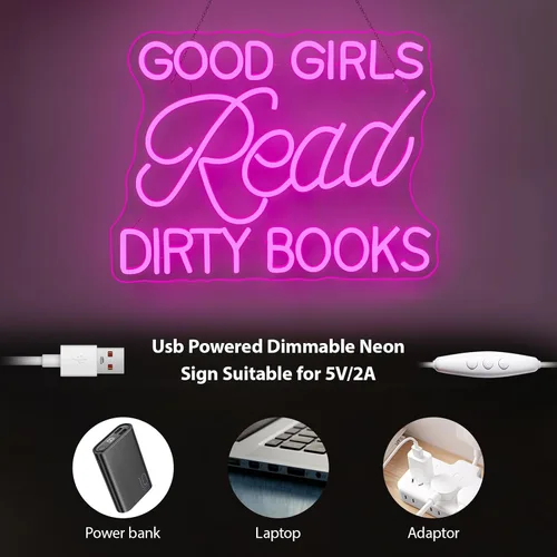 Vista 6 de Letrero LED de neón para decoración de pared, con texto en inglés "Good Girls Read Dirty Books", luz de neón regulable para el hogar, libro, fiesta