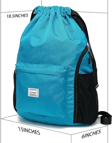 Vista 6 de FUXINGYAO Mochila deportiva con cordón y compartimento para zapatos, mochila de cuerda para mujeres y hombres (negro), Azulclaro, Sencillo y fácil