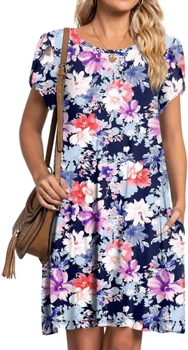 Vista 2 de HOTGIFT Vestido de verano 2026 para mujer, de manga corta, cuello redondo, con bolsillos, M-4XL