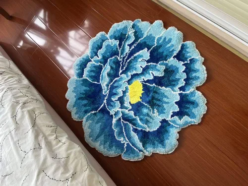 Vista 4 de Alfombra de área con forma floral de peonía azul, alfombra de arte moderno para dormitorio, cocina, baño, alfombra de baño suave, antideslizante