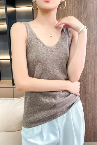 Vista 4 de LINY XIN Chaleco de punto con cuello en V para mujer, 100% lana merina, sin mangas, suéter sólido, chalecos clásicos