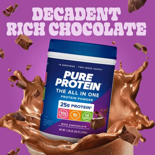 Vista 2 de Pure Protein Polvo todo en uno, chocolate rico, suero de leche y colágeno, alto en fibra, vitaminas, sin azúcar añadido, sin OMG, sin gluten, 1.25