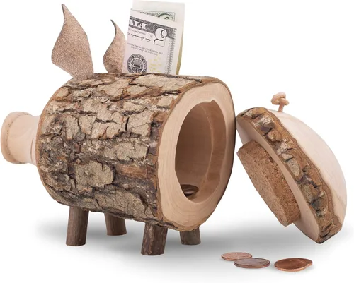 Vista 7 de Forest Decor Alcancías de madera – Adorable figura de cerdo para niñas y niños – Caja de dinero de ahorro de madera para adultos – Bonita decoración