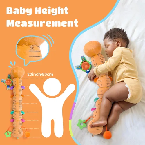Vista 6 de Awotoy Baby Toys - Juguete musical de oruga interactivo multicolor para bebés, sonajero arrugado, suave con campana de anillo, juguete de peluche