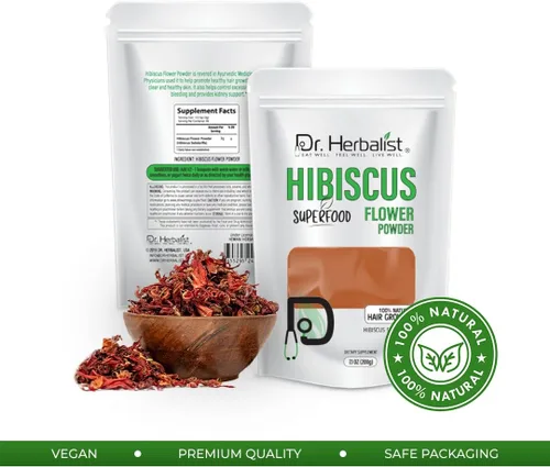 Vista 2 de Dr. HERBALIST Hibiscus Powder 7.05 oz - Polvo de flor de hibisco rosa sinensis puro - Té de hierbas y uso cosmético - Halal