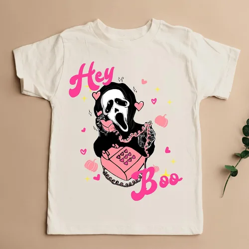 Vista 6 de Hey boo - Camisa de Halloween de película de miedo, camisa de Halloween para niños, camisa espeluznante y linda para niña, disfraz de Halloween