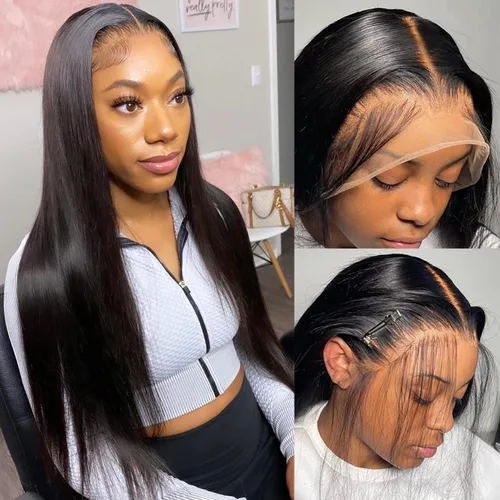 Vista 8 de Peluca de encaje frontal de 13x6 HD de 26 pulgadas con cabello humano prearrancado, pelucas de encaje frontal lacio de 13x6 con cabello humano