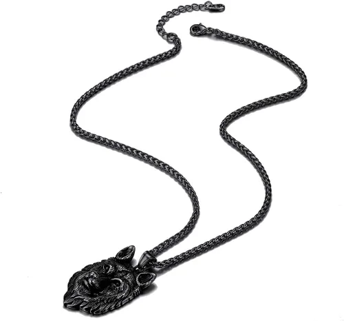 Vista 6 de Richsteel Collares para hombres de acero inoxidable 316chapado en oro de 18 quilatesnegro lobo colgante vikingo nórdico joyería