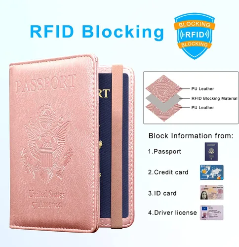 Vista 2 de ACdream - Funda para pasaporte, billetera o cartera de viaje de piel con bloqueo RFID para pasaporte con cierre de banda elástica, Ab-oro rosa)