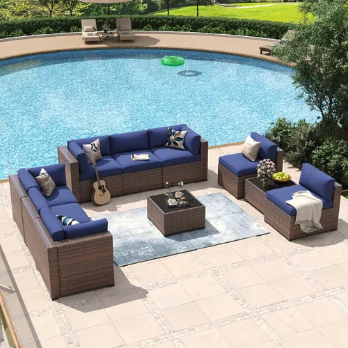 Vista 19 de Aoxun - Juego de 7 piezas de muebles de patio de mimbre de ratán, conjunto de sofá modular para conversación de patio con mesa de café y cojines