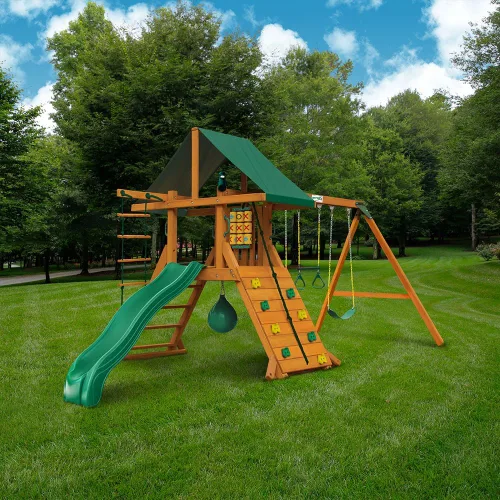 Vista 2 de Gorilla Playsets 01-1033 Ozark II - Juego de columpios de madera con toldo de vinilo verde, pared de roca y pelota de boxeo