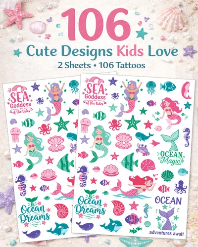 Vista 2 de Tatuajes temporales de sirena para niños, 106 bonitos diseños de océano y sirena, impermeables, no tóxicos y agradables al tacto, fáciles