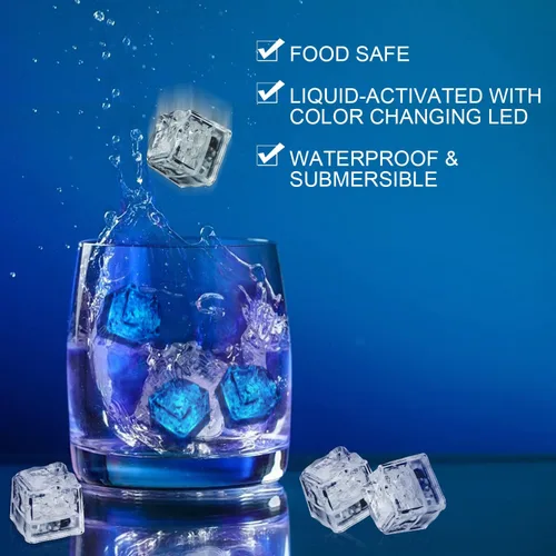 Vista 5 de Cubos de hielo iluminados para bebidas azules, 12 cubos de hielo LED activados por líquidos, brillan en la oscuridad impermeables, suministros