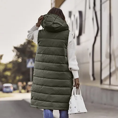 Vista 4 de OSFVNOXV Chaqueta larga acolchada para mujer, abrigo de invierno con cremallera completa, sin mangas, con capucha, cálidos, cortavientos gruesos