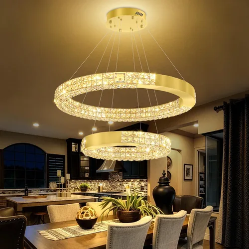 Vista 11 de Candelabro LED de anillo dorado para sala de estar, comedor y dormitorio, lámparas de cristal modernas, iluminación colgante, lámparas ajustables