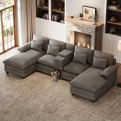 Vista 17 de Sofá nube en forma de U de 130 pulgadas con casa para gatos, sofá modular de gran tamaño para sala de estar, cómodo sofá grande de chenilla, juego