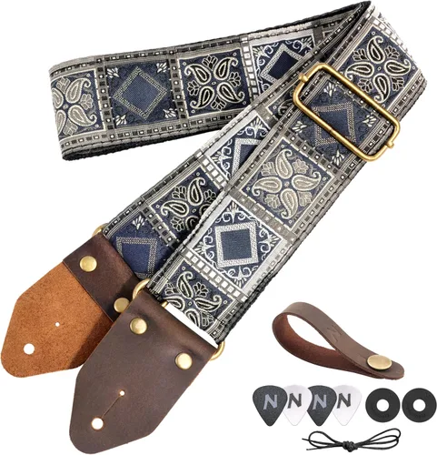 Vista 14 de Nefelibata Correa de guitarra, correas de guitarra de algodón bordado jacquard con extremos de cuero de caballo loco para bajo, eléctrico