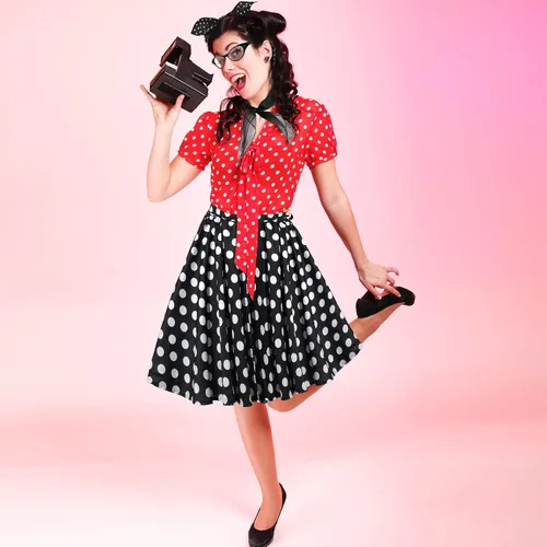 Vista 5 de Hicarer 5 Pcs 50s Women Halloween Costume 1950 Poodle Skirt Sock Hop Accessory Outfit Scarf Glasses Bandana Headband Earring