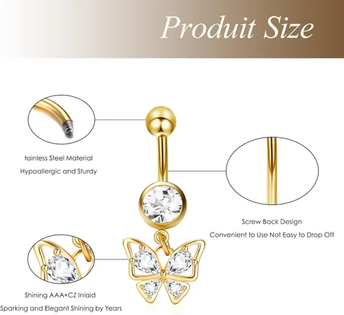 Vista 5 de Dochais 8 anillos para ombligo de acero inoxidable quirúrgico para mujer, aretes colgantes para ombligo de mariposa, circonita cúbica