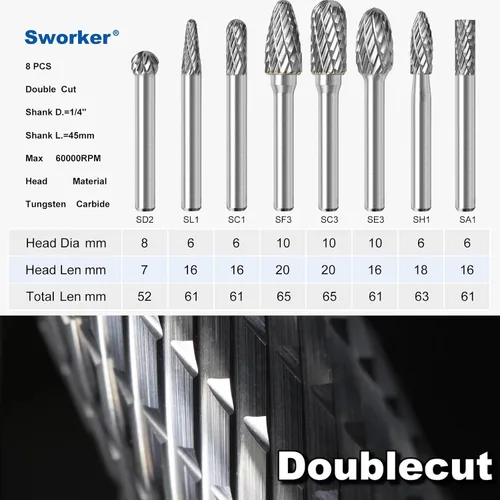 Vista 2 de Sworker 8Pcs Juego de Rebaba de Carburo 1/4 Vástago con Caja Transparente Diámetro Máximo de Cabeza 10mm Brocas de Troqueladora Herramientas