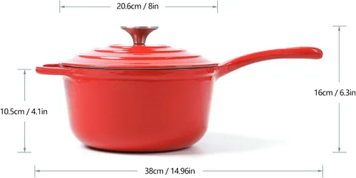 Vista 2 de HAWOK Cacerola de hierro fundido esmaltado 2.65 cuartos de galón/2.5 litros rojo