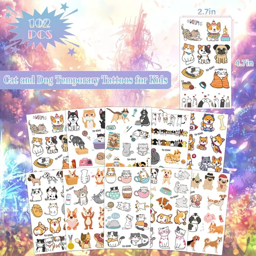 Vista 2 de UVUXO Tatuaje temporal de gato y perro para niños, 102 estilos de animales de dibujos animados temporales para niñas, niños, cuerpo, brazo, hombro