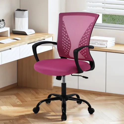 Vista 6 de Silla de oficina de malla con ruedas, silla de escritorio ergonómica de respaldo medio con brazos y soporte lumbar, cómoda silla de computadora