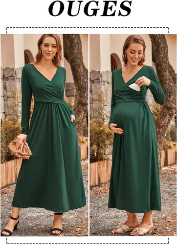 Vista 3 de OUGES Vestido largo de manga larga con cuello en V para mujer, con bolsillos, ropa de maternidad, vestidos de lactancia