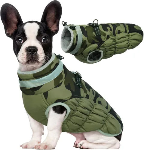 Vista 12 de Lelepet Abrigo cálido para perro, abrigo de invierno para perro, chaqueta impermeable para perros con arnés integrado reflectante de forro polar