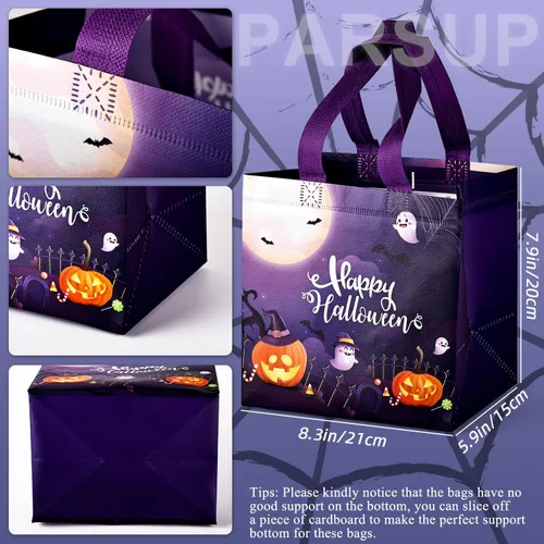 Vista 2 de PARSUP 8 bolsas de Halloween, bolsas de mano con asas, bolsas de regalo de bronce metálico, bolsas de regalo no tejidas para dulce o truco