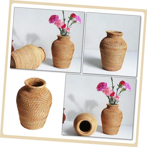 Vista 4 de WOONEKY Florero de ratán decorativo para flores artificiales secas para centros de mesa del hogar, decoración rústica bohemia
