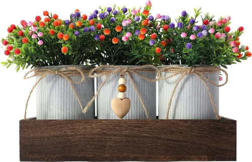 Vista 9 de CALAVAK Centro de mesa decorativo de madera con 3 macetas de metal artificiales para el aliento del bebé, plantas de gypsophila, decoración rústica