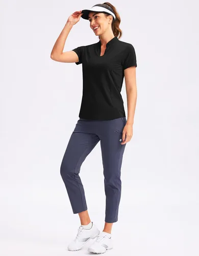 Vista 6 de Obla Polo de golf para mujer, cuello en V, manga corta, sin cuello, de secado rápido, para tenis, correr, camisetas de golf para mujer