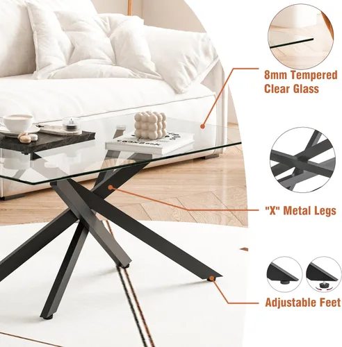 Vista 5 de Mesa de centro de cristal para sala de estar, moderna rectangular con parte superior de vidrio templado transparente y patas de metal, mesas de Negro