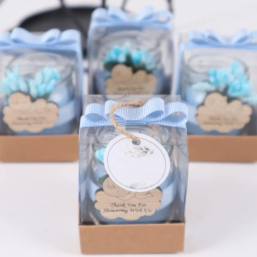 Vista 8 de HTF - Paquete de 5 velas en tarro de cristal, hechas a mano, recuerdos de fiesta de baby shower para niños, velas de vidrio para decoración de baby