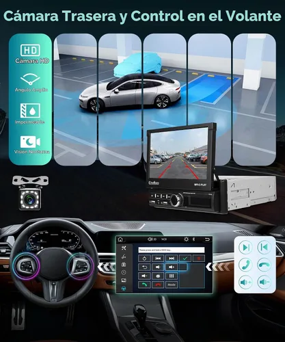 Vista 7 de [Motorizado] Estéreo de coche de un solo DIN con Carplay inalámbrico Android Auto, pantalla táctil motorizada de 7 pulgadas, radio de coche