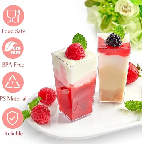 Vista 4 de TOFLEN Paquete de 50 unidades de tazas de postre mini cuadradas de 3 onzas con cucharas, tazas de postre transparentes de plástico para fiesta