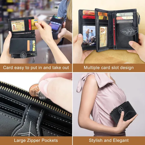 Vista 8 de CONISY Cartera pequeña para mujer, billetera compacta de cuero plegable con pulsera RFID bloqueo para mujer (negro)