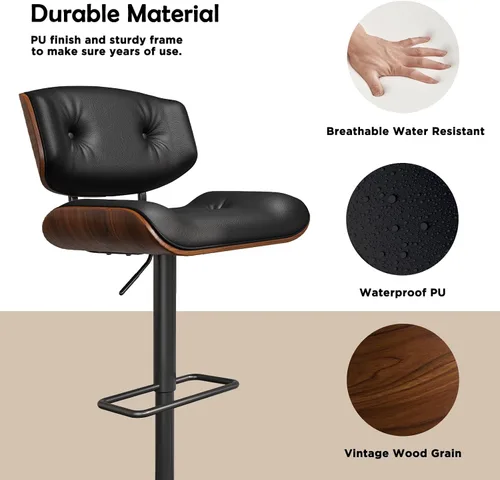 Vista 5 de LUXOAK Juego de 2 taburetes de bar modernos, taburetes giratorios ajustables con respaldo, asiento ancho y profundo, taburetes ergonómicos de piel