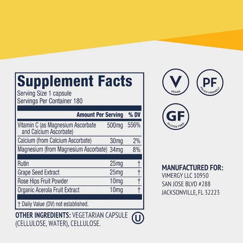 Vista 4 de Vimergy Micro-C® Cápsulas de Vitamina C – 500mg por cápsula, Apoya la salud inmunológica*, Promueve la producción de colágeno, Apoya huesos