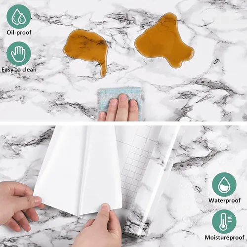 Vista 6 de Caltero Papel tapiz de mármol para despegar y pegar, papel de contacto de mármol brillante de 24 x 197 pulgadas para encimera, gabinetes de cocina