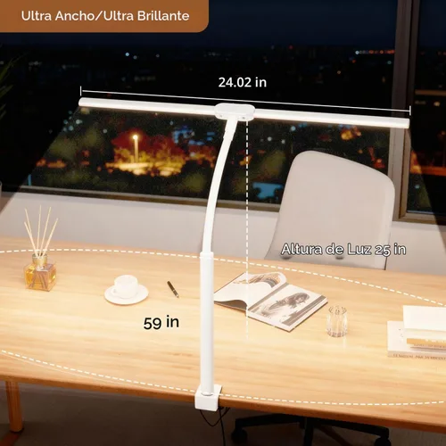 Vista 2 de Lámpara de escritorio LED con abrazadera, luz de arquitecto ajustable de doble cabeza, lámpara de escritorio para monitor de cuidado de los ojos