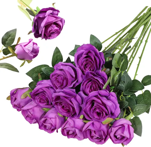 Vista 26 de Hawesome - Ramo de 12 rosas artificiales de seda con tallo largo para decoración del hogar, boda, fiesta (Negro-1)
